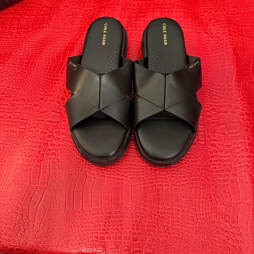 Cole Haan Black Leather Crisscross Slides